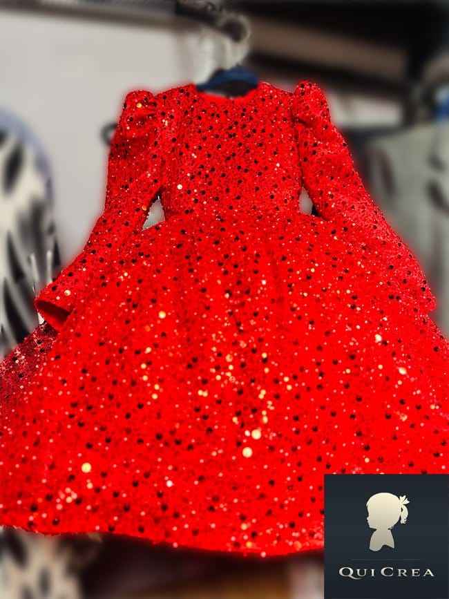 Vestito Rosso Bambina con Paillettes e Perle - Fronte