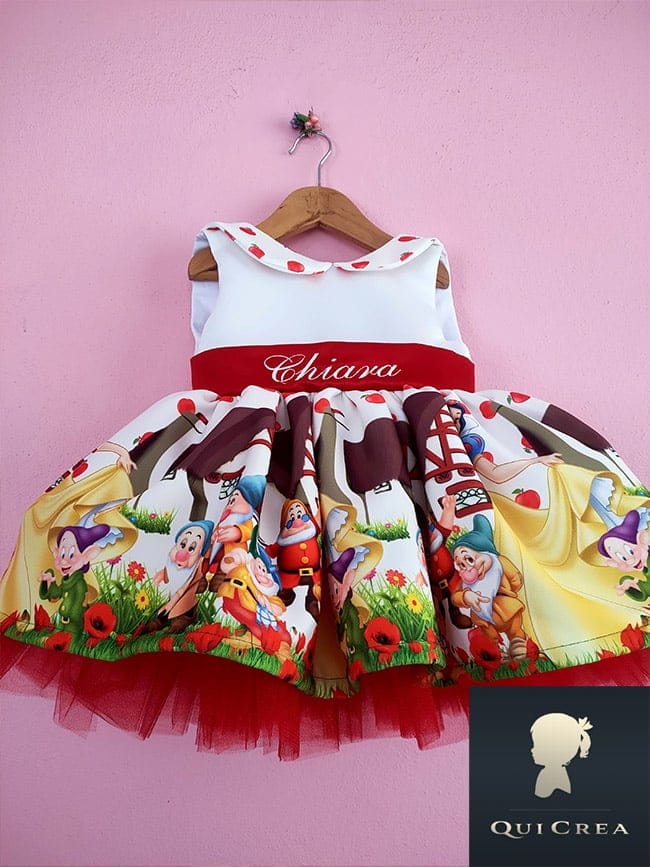 Vestito Biancaneve Personalizzato con Fiocco Rosso per Bambina