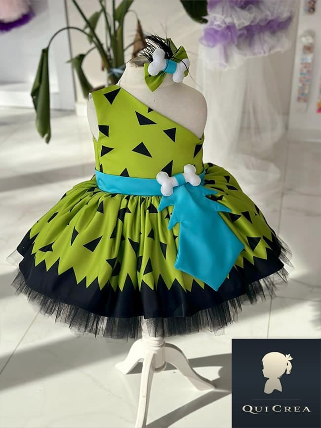 Vestito Flintstones Bambina con fiocco azzurro e accessori osso