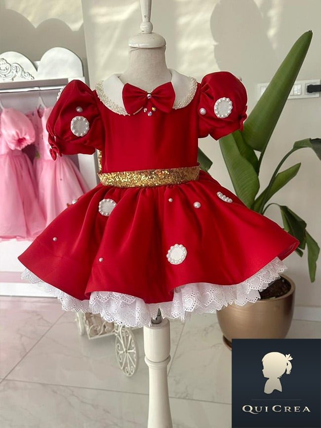 Vestito Minnie Rosso Bambina con fiocco rosso e cintura dorata